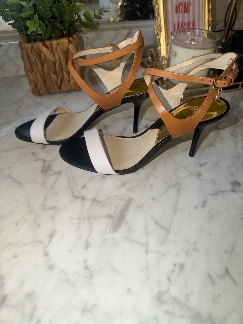 MICHAEL Michael Kors Black, White & Tan Strappy Stiletto Sandals - Picture 4 of 6